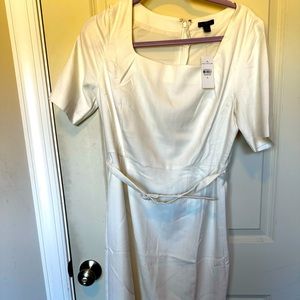 White Herringbone Belted dress - Ann Taylor